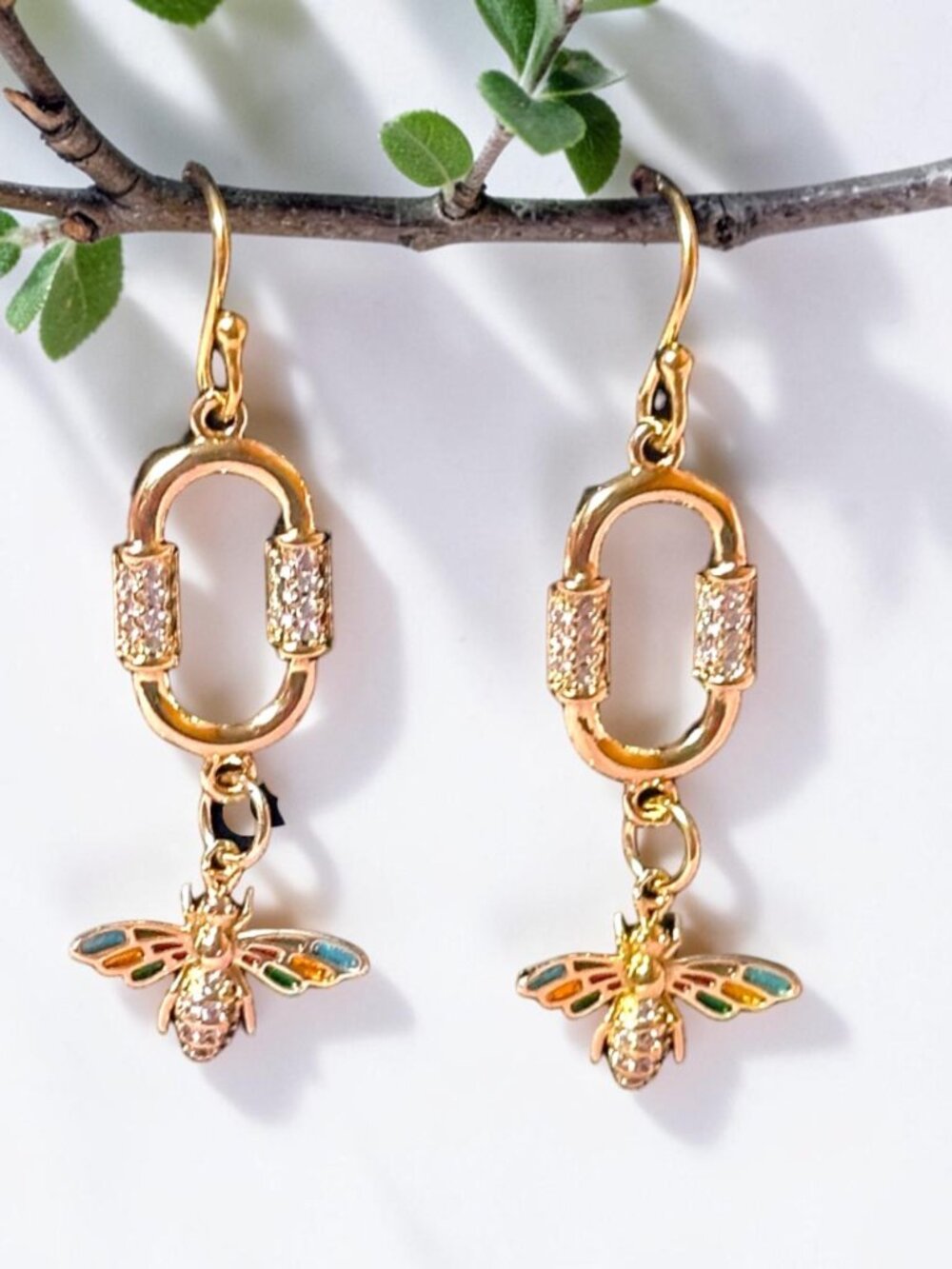 Gold Filled Bee Earrings Paperclip CZ Enamel Dangle Handmade 18KT - Picture 9 of 13